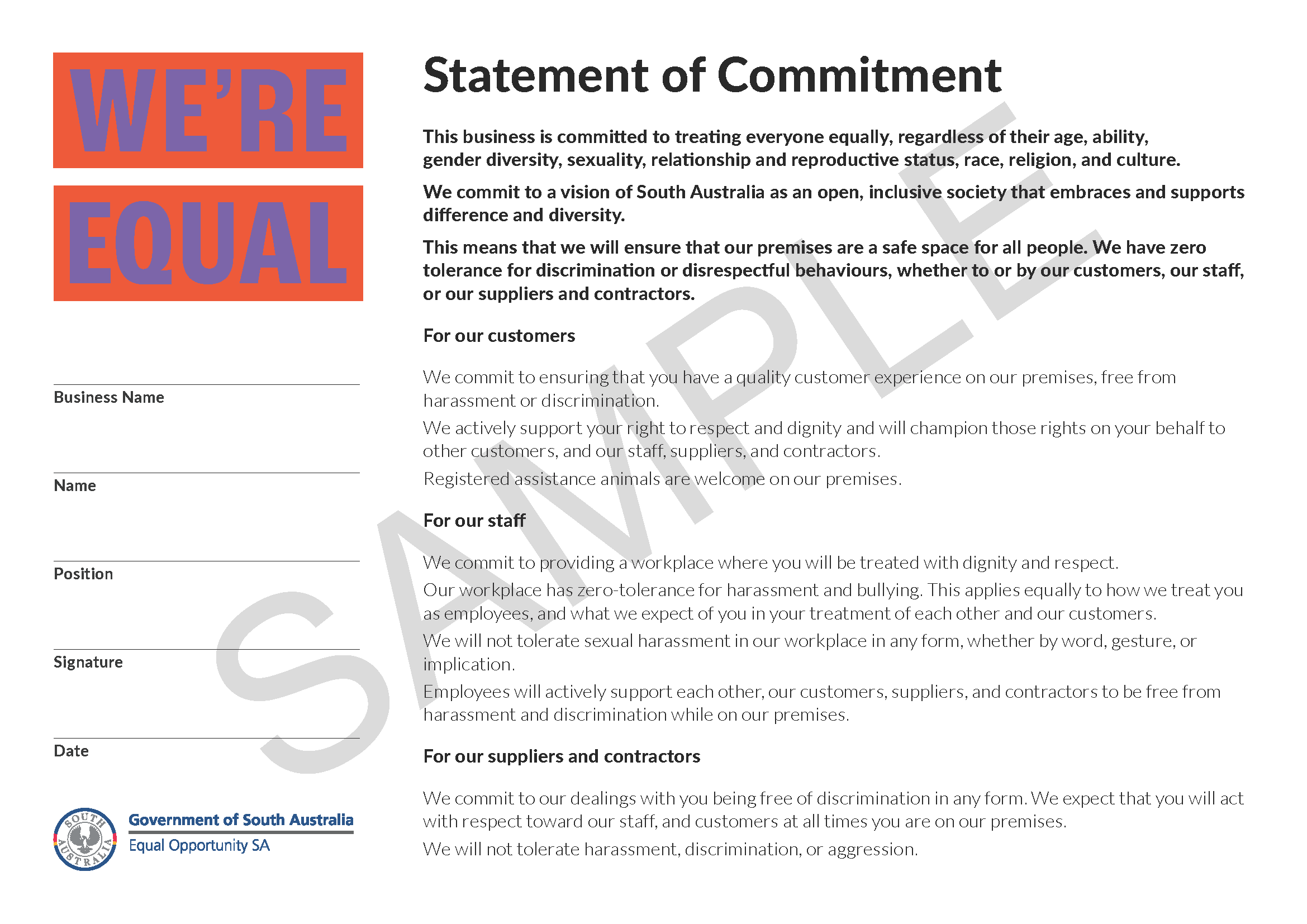Image sample of the Statement of Commitment made by We're Equal businesses
